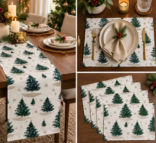 Christmas Tree Printed Table Runner & Place Mats Set – Festive Holiday Dining Table Decor, Pack of 5